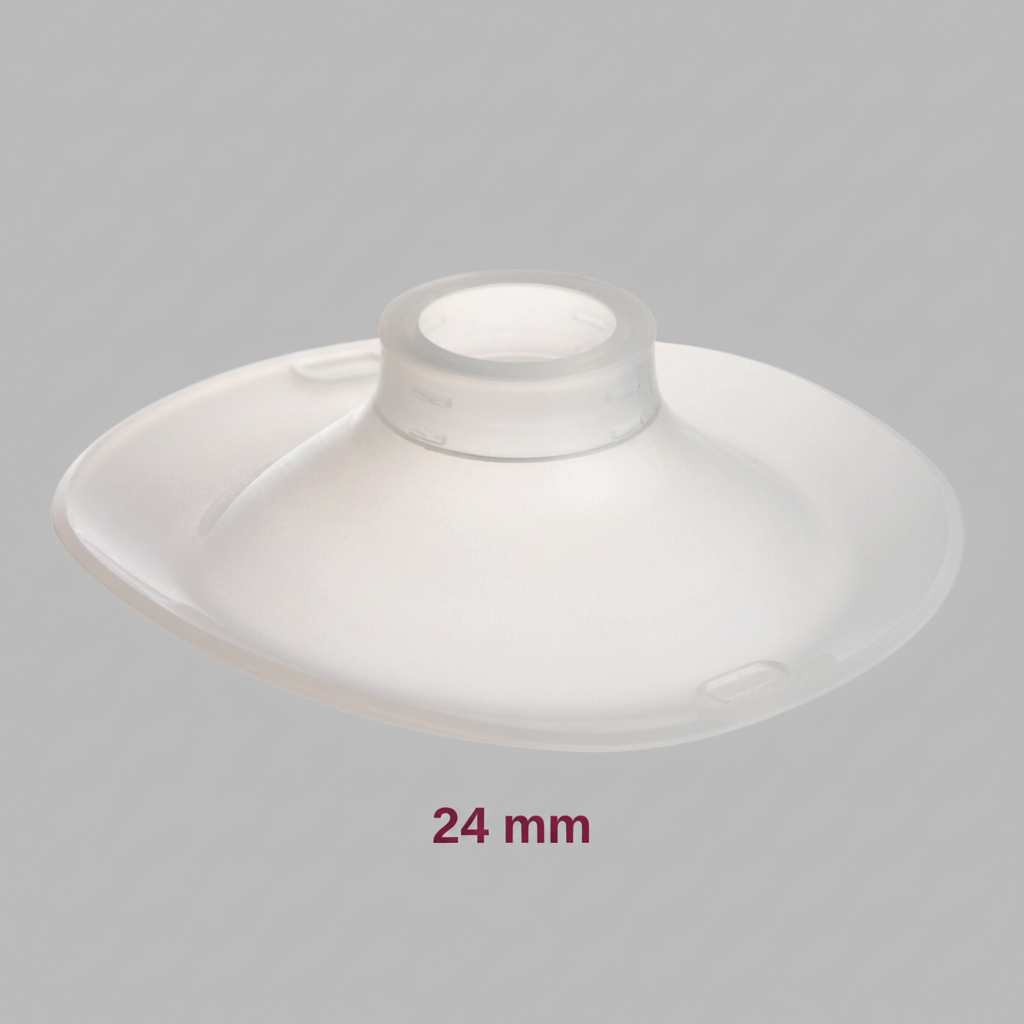 A white, soft silicone breast shield insert marked with '24 mm' indicating its size, designed for use with breast pumps. Promom